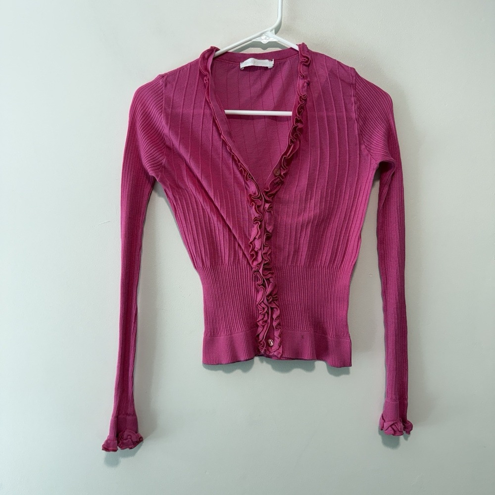 Anne Fontaine Pink Ruffle Rib‎ V-Neck Cardigan Lightweight Sweater Size 38